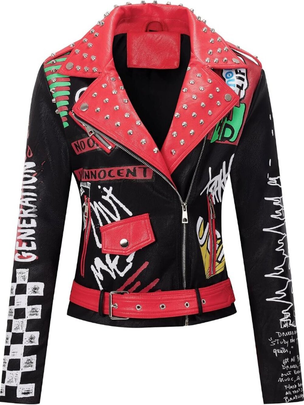 Faux Leather Jacket for Women Studded Rivet Floral Moto Biker Short Lapel Coat